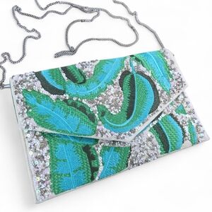 Charade Sequin Feather Clutch Crossbody Bag Green Blue Beaded Silver Chain Strap